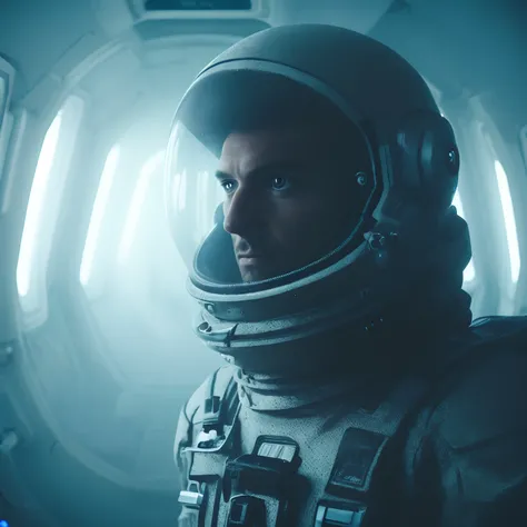 a man in a space suit stares at the camera, dramatic sci-fi movie still, sci-fi cinematic movie still, still from a ridley scott movie, in a scifi movie, sci - fi film still, sitting sad in spaceship, sci-fi movie still, from a 2 0 1 9 sci fi 8 k movie, in...