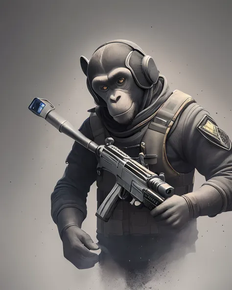 “Create a striking image of a ShadowNoir chimpanzee in military attire inspired by the CS:GO style. This ink drawing should be rendered in stunning 4k UHD resolution, guaranteeing the highest quality. Include intricate details, complex shading, and excepti...