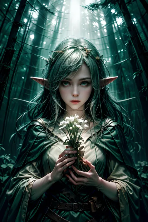 (((A wood elf hovers over the forest, tearing flowers in the forest ))) green hair, petite body, Radial glow, white fern flowers, optical, Panoramic illumination, atmospheric perspective, dawning, Smoothing: 5d, Light painting, Color, beatiful face, Clear ...