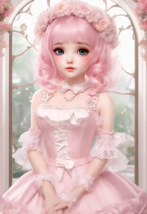 Super delicate cute girl in a Lolita dress with pink hair. 8K Ultra High Definition, Delicate texture, Pure white background.