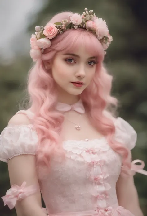 Super delicate cute girl in a Lolita dress with pink hair. 8K Ultra High Definition, Delicate texture, Pure white background.