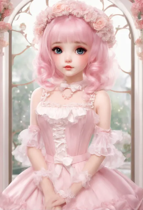 Super delicate cute girl in a Lolita dress with pink hair. 8K Ultra High Definition, Delicate texture, Pure white background.