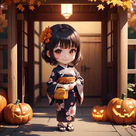 ​masterpiece、top-quality、ultra-detailliert、（Chibi Charas Daughter:1.3）、（Kimono with pumpkin motif：1.2），Japan hair ornament with pumpkin motif、Pumpkin handbags、Standing、A smile、Autumn Japan Garden、Halloween version、Chibi Chara