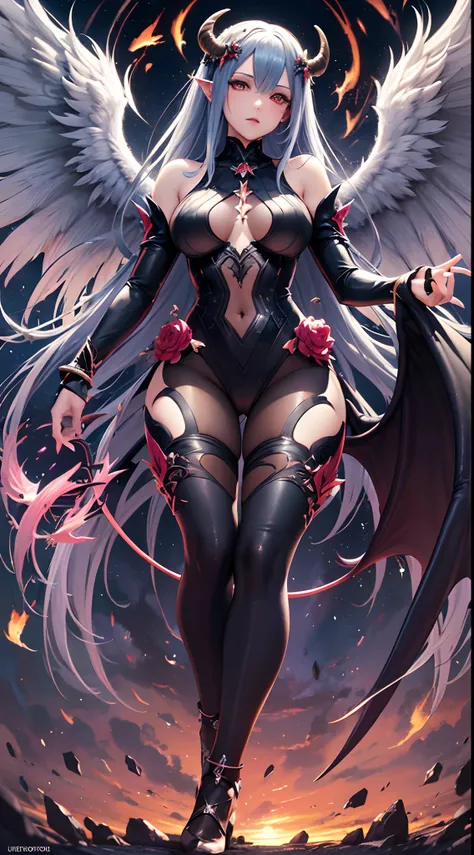 (Finest quality)),(超A high resolution),(ultra-detailliert),(Meticulous portrayal),((best pictures)),(Finest works of art),Ultra-Precision Art,The art of astounding depiction, Fantasyart:1.5, (One Female Fallen Angel with Angel and Devil Wings:1.5),((((Ange...