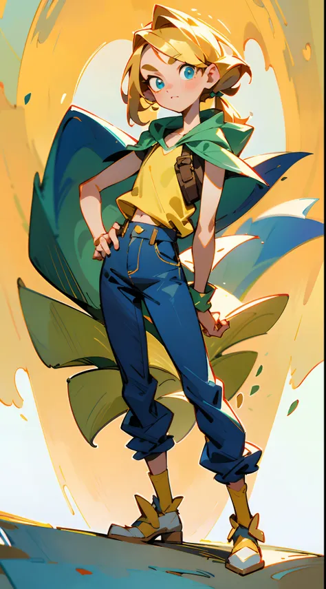 An 11-year-old boy with golden hair, Center-parted hairstyle, a cunning gaze, a slender figure, a fantasy-realistic style blue sleeveless vest with a hood, a yellow-green undershirt, blue jeans, Within a medieval town of fantasy style, this character embod...