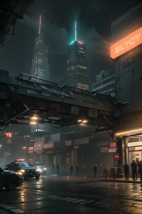 cyberpunk blade runner cityscape street scene with towering skyscrapers, ((glowing neon signs)) and led lights, traffic with (fu...