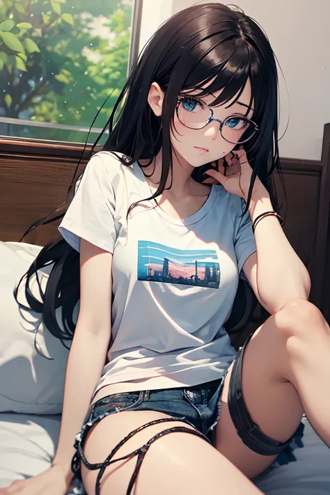 A dark-haired、Drink coffee in your room、morning、white t-shirts、dishevled hair、slovenly、Cross-eyed、Drunk、Turned、( Silly / Sexual ecstasy)、Turned、eye glass、top-quality, Photorealistic, An ultra-fine illustrations, beautiful attractive anime girl, miku hatsun...