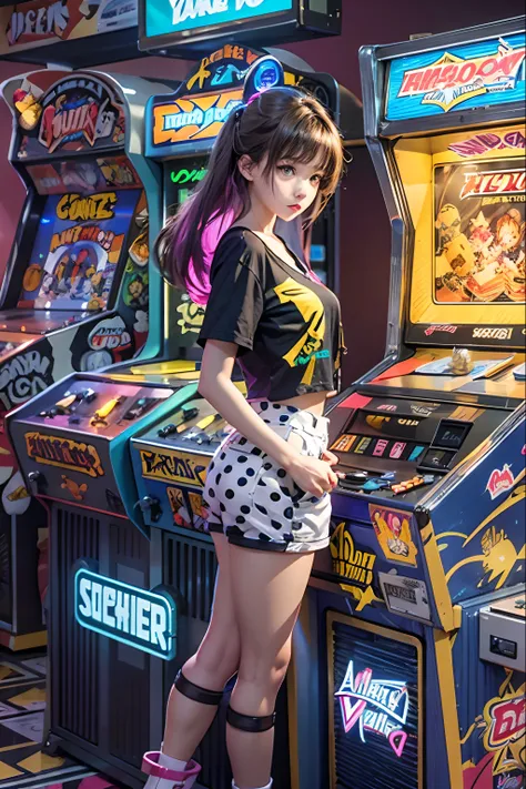 3d blender model anime girl with yellow shorts playing dot matrix arcade in a 1990s style arcade room with neon lights and pinball machines