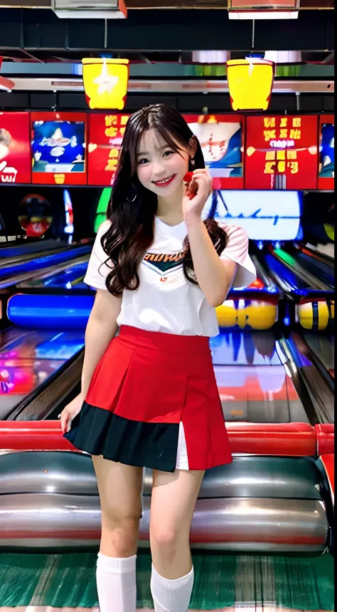 bowling、Bowling alley、Bowling Ball、Bowling Pin、Red mini skirt、southpaw、Pro Bowler、Fluttering hair、spats、Bowling Shoes、strike、Clothing、Selfie、Bewitching smile