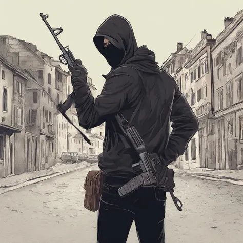 Man dressed all in black pointing at an AK47 in each hand at the camera with a black night background in the middle of the city at war, war scene, high quality portrait, against a deep black background, CSGO2, CSGO