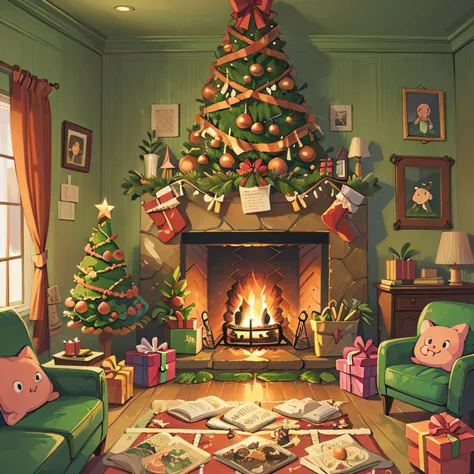 Christmas tree, present, fireplace, night, cartoon illustration style, vintage tone,