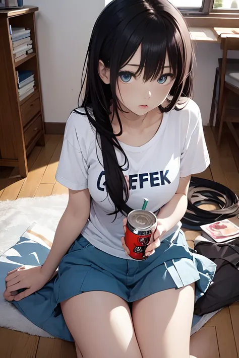 A dark-haired、Drink canned coffee in your room、morning、white t-shirts、dishevled hair、slovenly、Cross-eyed、Drunk、Turned、( Silly / Sexual ecstasy)、Turned、eye glass、top-quality, Photorealistic, An ultra-fine illustrations, beautiful attractive anime girl, miku...