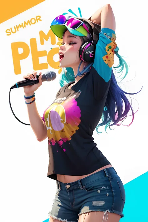 Generate a t-shirt design using AI for a summer music festival. The design should be vibrant and energetic, featuring a music note-themed illustration and the festival name ‘SummerBeats’ in a bold, fun font. The primary colors should be bright and tropical...