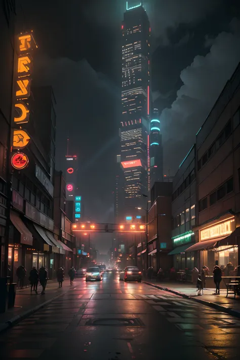 cyberpunk blade runner cityscape street scene with towering skyscrapers, ((glowing neon signs)) and led lights, traffic with (fu...