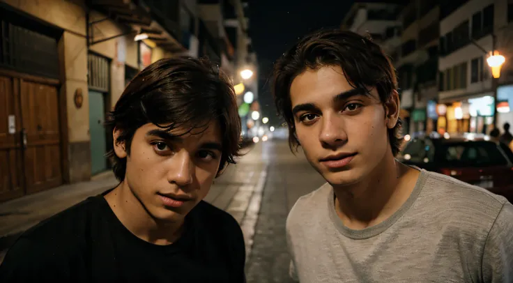 DOIS GAROTOS DE 18 ANOS, AMIGOS, NA RUA A NOITE CONVERSANDO