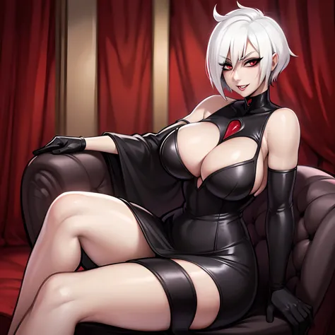 ((Solo)) Vampire girl with short white hair, (red eyes), ((wearing a black dress)), wearing gloves, Anime style 4K, large chest, curvy hips, long legs, detailed eyes, ((sitting)), on a throne