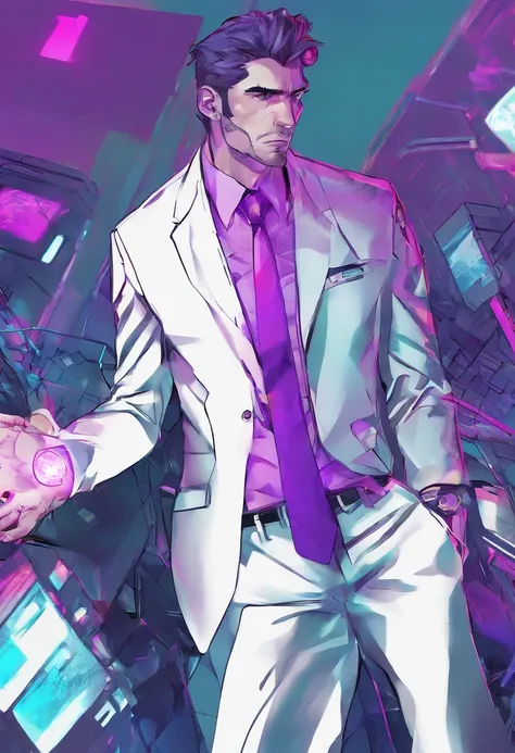 ((Skinny, lanky, normal, mid-30s, unshaven, white, ((American, pale skin, english)), male, businessman wearing a basic suit and tie, nose ring, tired, unhappy)), cowboy shot, (black short shaggy hair with purple highlights), ((office background)), (highly ...