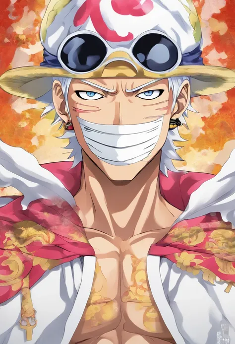 1 male, ((In the style of One Piece Wano Anime Arc)), marine from one piece, inspired by smoker from one piece, sawblade, big cloak, all white clothes, mask covering face