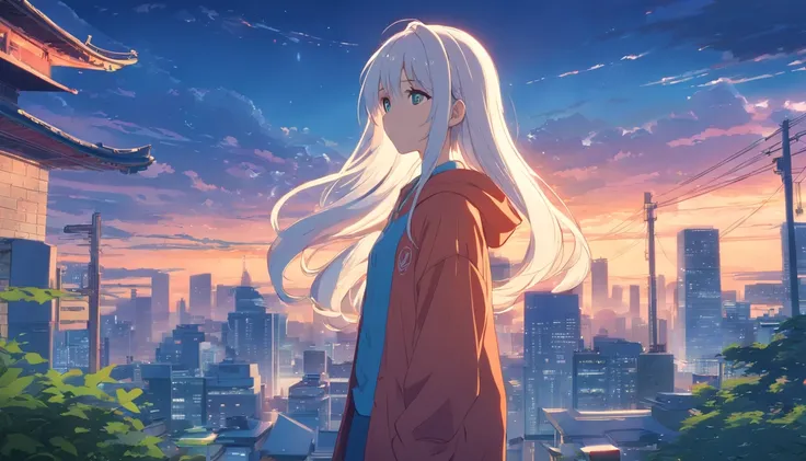 Chinese ink style，Hyper-detailing，comic strip，China-style，pupils，school ground，starrysky，highly detailed surreal vfx，Smudge，Faraway view，super-fine，ultra - detailed，high quality，8K ，1girl with very long white hair standing alone