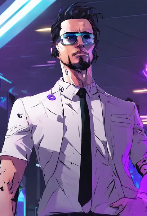 ((Skinny, lanky, normal, mid-30s, unshaven, white, ((American, pale skin, english)), male, businessman wearing a basic suit and tie, nose ring, tired, unhappy)), cowboy shot, (black short shaggy hair with purple highlights), ((office background)), (highly ...