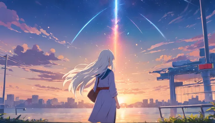 Chinese ink style，Hyper-detailing，comic strip，China-style，pupils，school ground，starrysky，highly detailed surreal vfx，Smudge，Faraway view，super-fine，ultra - detailed，high quality，8K ，1girl with very long white hair standing alone