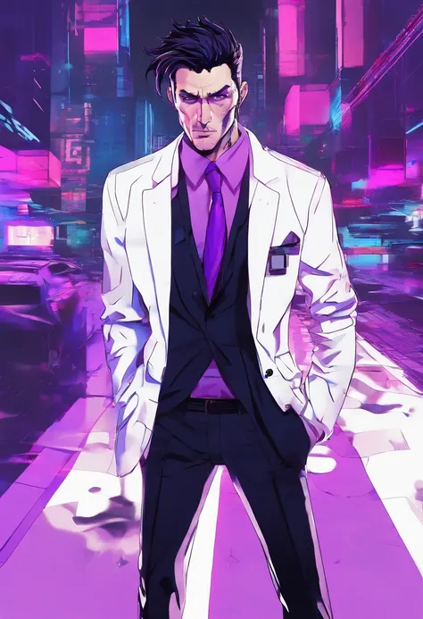 ((Skinny, lanky, normal, mid-30s, unshaven, white, ((American, pale skin, english)), male, businessman wearing a basic suit and tie, nose ring, tired, unhappy)), cowboy shot, (black short shaggy hair with purple highlights), ((office background)), (highly ...