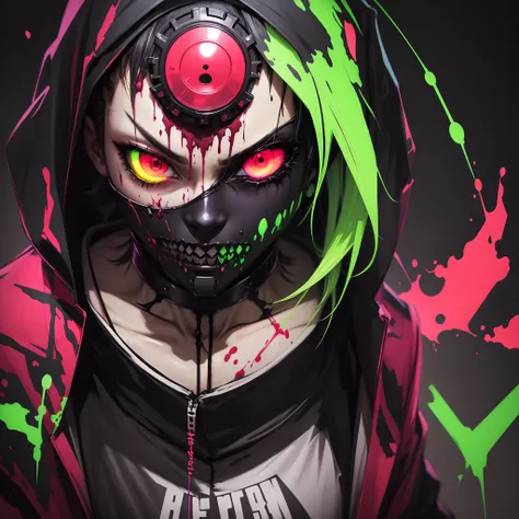 anime phonk horror album cover, blood in the face and one eye is neon green like a devil with neon green colors