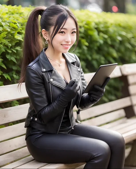 japanese young cute smiling female secretary, black leather rider's jacket, black leather shirt, black leather skinny pants, bla...