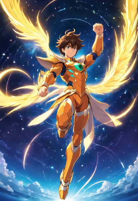 Uma imagem com Kouga, o protagonista de Saint Seiya Omega. Ele tem cabelos vermelhos e uma armadura vermelha e branca, with a golden symbol on his chest. He has a determined and confident expression. Hes in a combat pose, with clenched fists and outstretch...