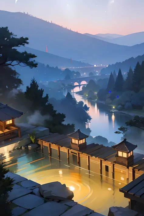 hot spring in the mountains、outdoor bath、steamy、The river is just around the corner、river stream、Light reflected on the surface of the water、Beautiful night view、night sky full of stars