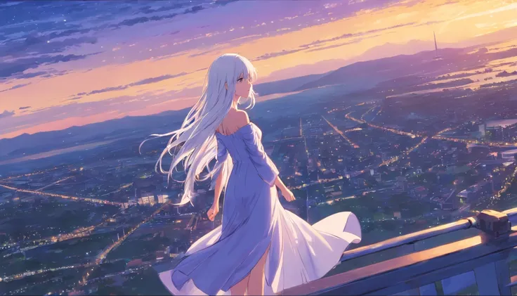 Chinese ink style，Hyper-detailing，comic strip，China-style，starrysky，highly detailed surreal vfx，Smudge，Faraway view，super-fine，ultra - detailed，high quality，8K ，behind view, (1girl, very long white hair), standing alone, (off-shoulder dress)