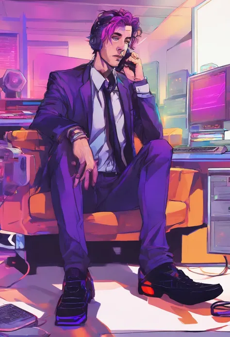 ((Skinny, lanky, normal, mid-30s, unshaven, white, ((American, pale skin, english)), male, businessman wearing a basic suit and tie, nose ring, tired, unhappy)), cowboy shot, (black short shaggy hair with purple highlights), ((sitting in their house)), (hi...