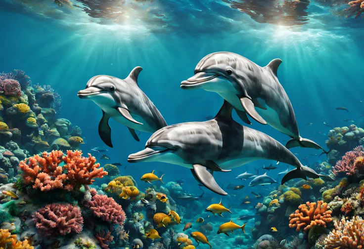 (highres:1.2),realistic,photorealistic:1.37,dolphins swimming in a sea full of beautiful corals