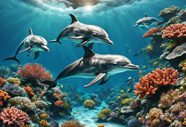 (highres:1.2),realistic,photorealistic:1.37,dolphins swimming in a sea full of beautiful corals