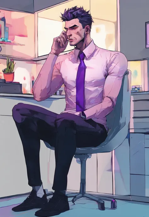 ((Skinny, lanky, normal, mid-30s, unshaven, white, ((American, pale skin, english)), male, businessman wearing a basic suit and tie, nose ring, tired, unhappy)), cowboy shot, (black short shaggy hair with purple highlights), ((sitting in their house)), (hi...