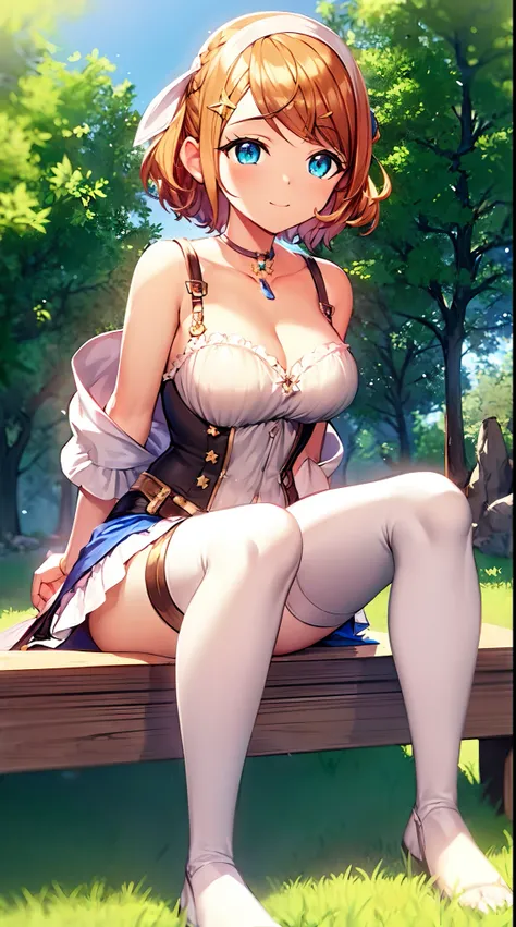 ((( open shoulder))),
cleavage,sitting,forest,sun,
barefoot, blush,
soft lighting, upper body, white panties,
1girl, solo, resunasts, blue eyes, brown hair, hair ornament, collarbone, , short hair, bangs, medium  breasts,atelier, alchemist, white knee sock...