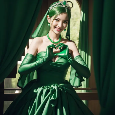 emerald tiara, Green Pearl Necklace, Boyish very short green hair, lipsticks, Japan woman smiling, very short short hair,  big breasts beautiful, Green eyes, Long green gloves made of satin material, Green eyes, Emerald Earrings, green vale, Heart with bot...