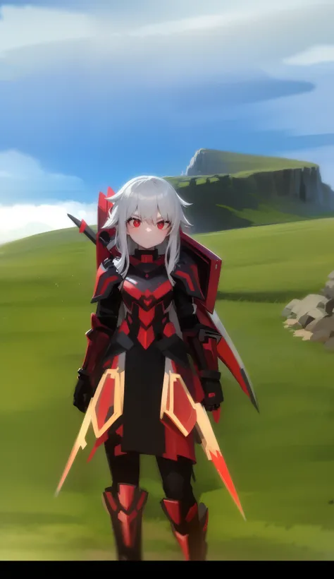 a close up of a person in a field with a sword, black and red armor, black and red reflected armor, black fire color reflected armor, black and reddish color armor, sharp silver armor fuchsia skin, red demon armor, red armor, blood red armor, draconic look...