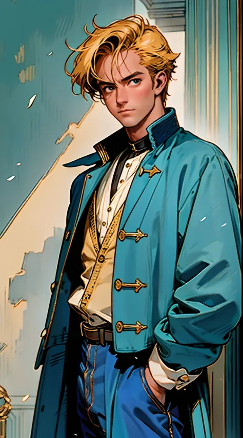 a young man, golden hair, Center-parted hairstyle, a cunning gaze, a fantasy-realistic style blue-red overcoat, a yellow-green undershirt, blue jeans, Within a medieval town of fantasy style, this character embodies a finely crafted fantasy-realistic style...