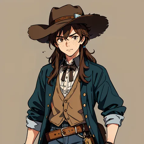 a male teen young adult cowboy, black hat, brown hair, freckles, standing, face close-up, wild west, anime style, face portrait