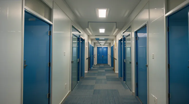 Corridor with several office doors, uma delas com uma luz azul saindo pleas fresrttas, a noite um pouco escuro