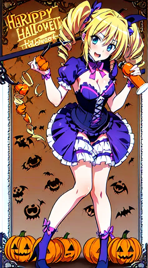 masterpiece, best quality, 1 girl, solo, Ravel Phenex dxd as witch, holding a pumpinks, blonde hair, blue eyes, drill hair, twintails, ribbon, twin drills, bow, halloween background, witch,bats, evil pumpkins, ((Halloween Background:1.0))