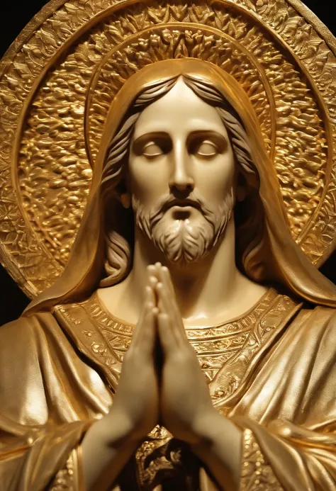 Imagine a majestic representation of Jesus Christ, sentado em um trono de ouro que irradia luz divina. He is dressed in white and gold robes, que simbolizam pureza e divindade. Jesus hands are gently joined together in a gesture of prayer, expressing humil...