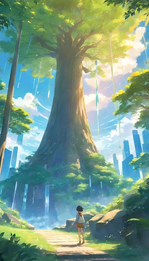 Illustration of a hyperrealistic scene, de outro mundo, Ultrasky with full body of a giant crystal tree, Very detailed and magical lighting, detalhes intrincados da floresta, vegetation and river around, solarpunk, Paisagem, giant tree, beautiful leaves wi...