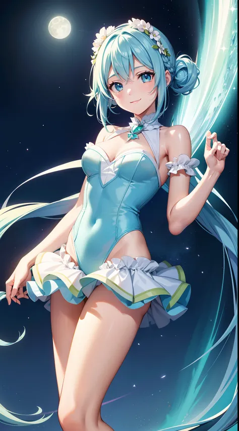 Super Idol　a beauty girl　A charming smile　sky blue hair　length hair　Twin-tailed　Bright white and green bright sexy ruffled leotard outfit　Fantasia　constellation　a moon　Crystal Brilliance　Aurora Borealis in the Night Sky