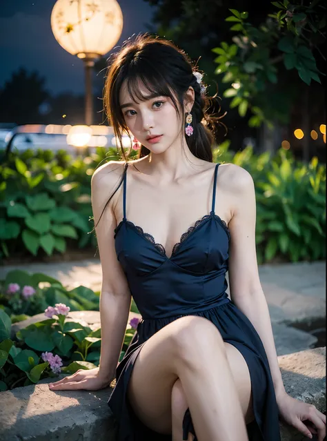 1 Girl, Very bright backlight, Solo, {beautiful-detailed eyes}, summer night, large full breasts, Brilliant moonlight, calm expression, Natural light and soft light, Hair fluttering in the breeze, delicate facial features, Blunt bangs, beautiful Korean gir...