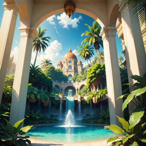 a view of a tropical garden with a fountain and palm trees, very detailed paradise, tropical pool, outdoors tropical cityscape, royal garden background, next to a tropical pool, with palm trees and columns, tropical paradise, paradise in the background, a ...