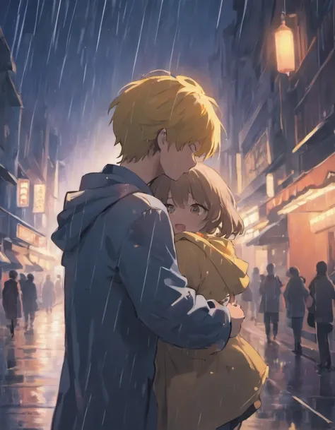 girl，under rain，One walked forward，With his head bowed，Suddenly behind a boy，Hug the girl on the back