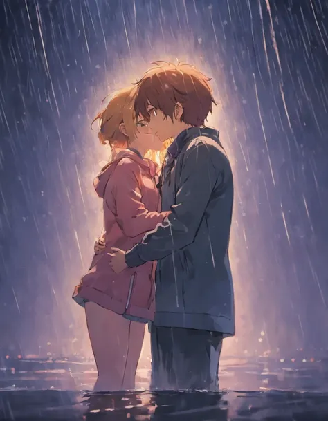 girl，under rain，One walked forward，With his head bowed，Suddenly behind a boy，Hug the girl on the back