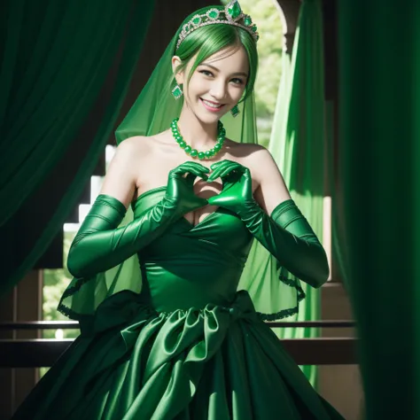 emerald tiara, Green Pearl Necklace, Boyish very short green hair, lipsticks, Japan woman smiling, very short short hair,  big breasts beautiful, Green eyes, Long green gloves made of satin material, Green eyes, Emerald Earrings, green vale, Heart with bot...